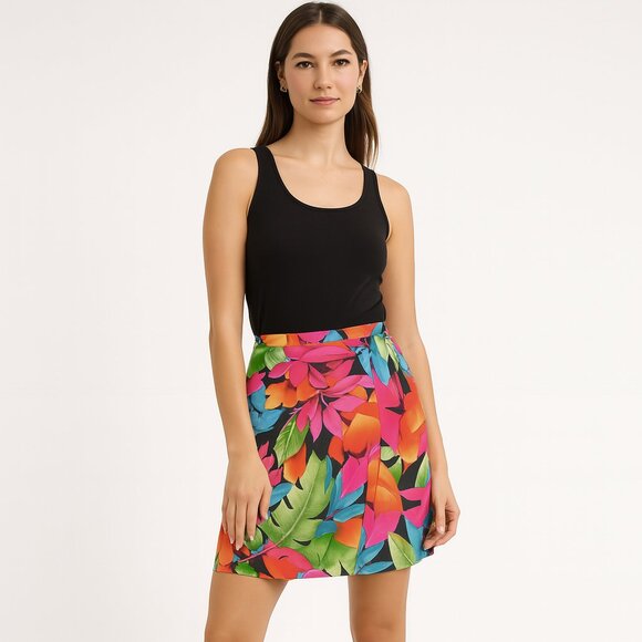 90s Silk Tropical Mini Skirt – Bright Floral, Summer Party Skirt. Vintage 80s - Picture 1 of 12